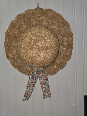 Vintage 1940s Childrens Straw Sun Hat with Floral Tie - Natural